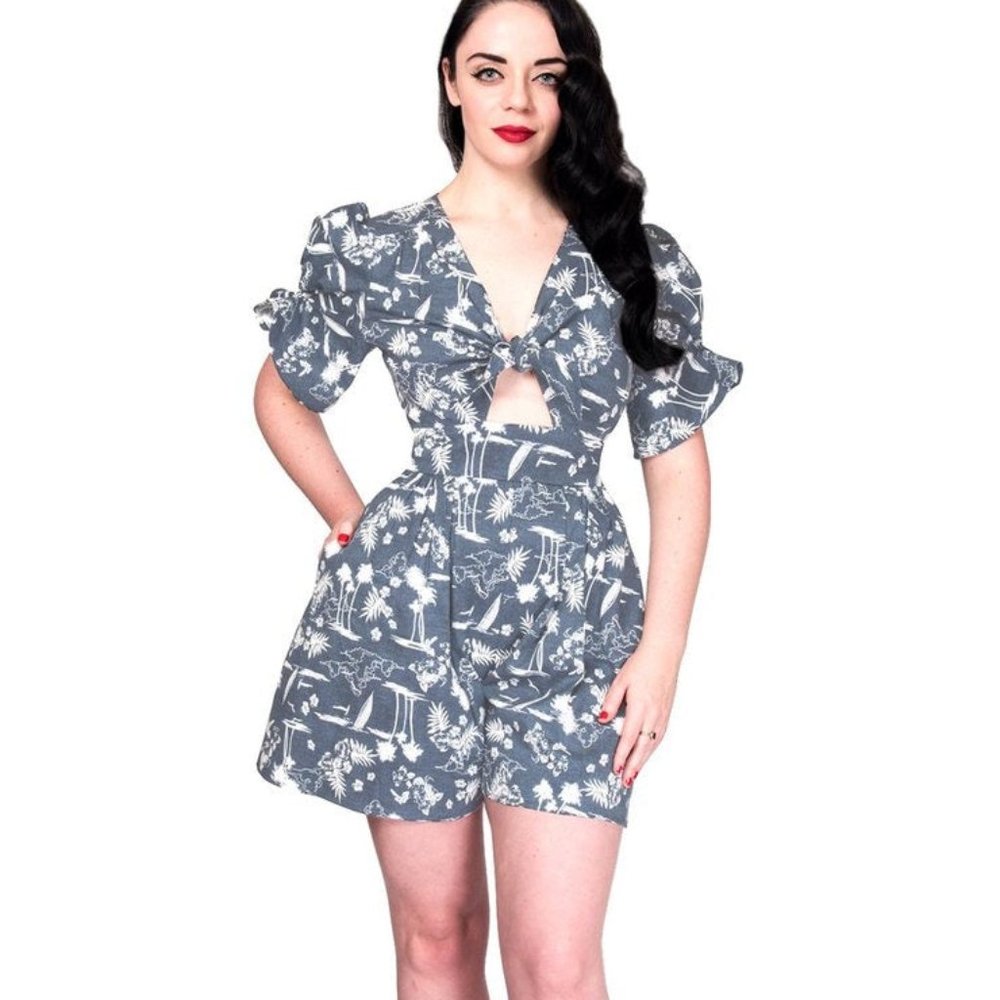Unique Vintage Gray and White Tropical Jumpsuit